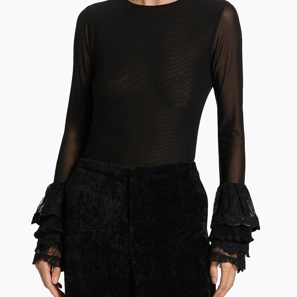 Alice + Olivia Sheer Black Blouse with Lace Bell Sleeves Size Large NEW - Picture 4 of 7